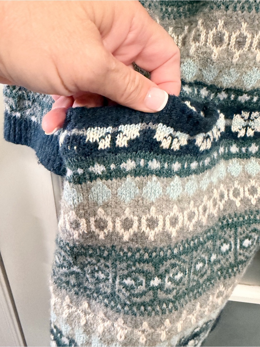 J. Jill Fair Isle Nordic Long Line Cardigan in Teal, Cream, Gray W/ Pockets - Picture 3 of 10